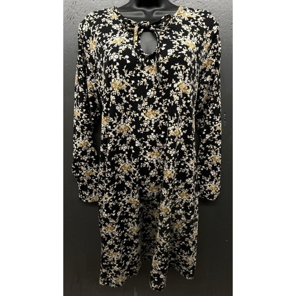Lands End Dress L Black Floral Keyhole Neck Cotton Comfort Preppy Classic